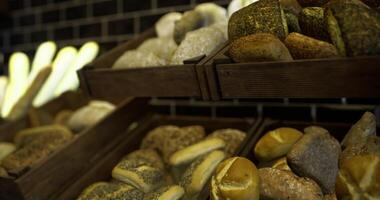 CGI Freshly baked artisanal breads displayed in a bakery setting video