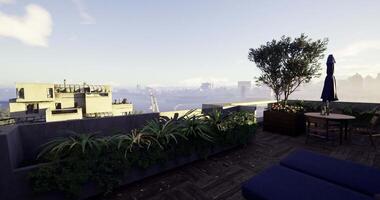 CGI Rooftop terrace with plants and city view at sunrise in modern setting video