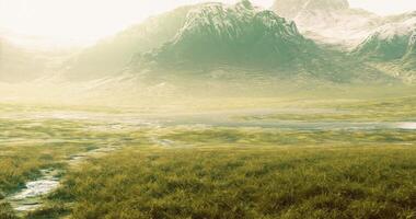CGI Mountain landscape with lush greenery and serene water source at sunrise video