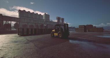 CGI Forklift operates at industrial loading area near city skyline during evening video