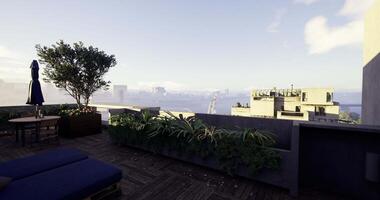 CGI City rooftop terrace views at sunrise with plants and seating arrangements video