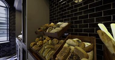 CGI Freshly baked bread assortment displayed in modern bakery setting video