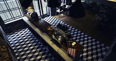 CGI Modern cafe interior with unique flooring and coffee bar setup at daytime video