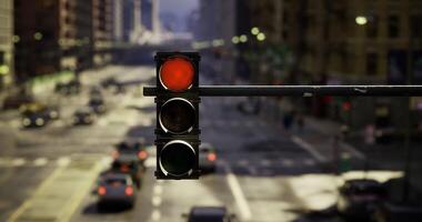 CGI Traffic signal indicating stop in a bustling urban intersection during daytime video