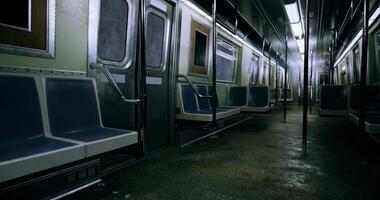 CGI Abandoned subway train interior during late night in urban setting video