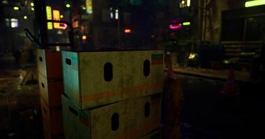CGI City night scene with lit buildings and stacked crates everywhere video