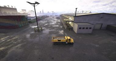 CGI Trucking through an industrial port area with cargo containers in view video