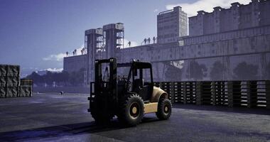 CGI Forklift operates at urban construction site during twilight hours video
