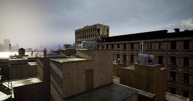 CGI Urban rooftop view showcasing architecture and skyline during sunset video