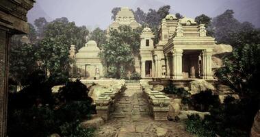 CGI Ancient temple ruins surrounded by dense jungle foliage during twilight hours video