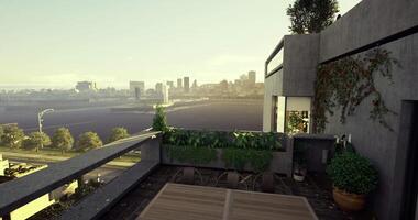 CGI City skyline viewed from a modern terrace with greenery during sunset video