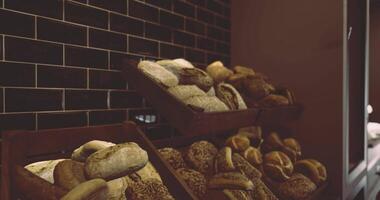 CGI Freshly baked bread displayed in a bakery alongside various types and textures video