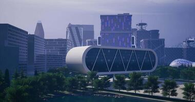 CGI Modern architecture along a riverbank in a futuristic cityscape during twilight video