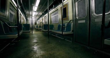 CGI Silent subway car in the evening with empty seats and dim lighting video