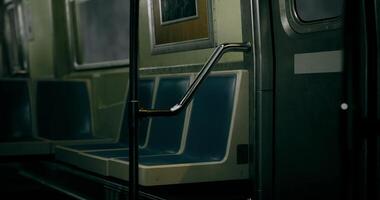 CGI Empty subway train interior with blue seats and handrails in urban setting video