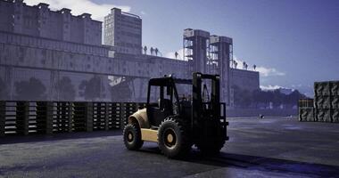 CGI Forklift at work in urban loading dock during early morning hours video