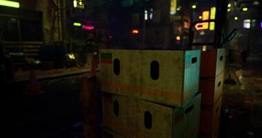 CGI Urban alley with neon lights and stacked cardboard boxes at night video