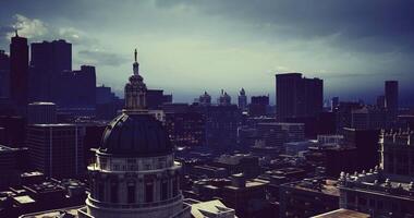 CGI Skyline view of a city under dramatic clouds during twilight video