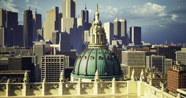 CGI City skyline with historic dome and modern buildings in the background video