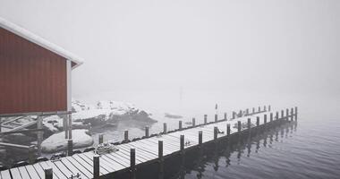 CGI Snowy dock with fog covering the landscape in a winter setting video