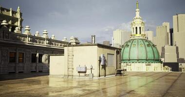 CGI Rooftop view of urban skyline with distinctive architecture and structures video