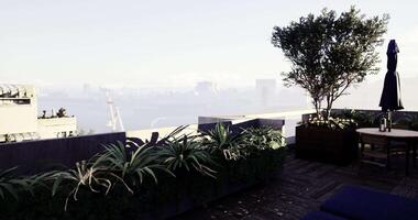 CGI Rooftop lounge with lush greenery overlooking a foggy cityscape at sunrise video