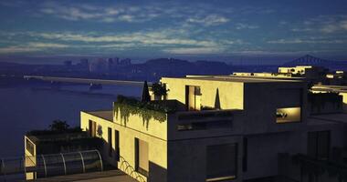 CGI Modern architecture overlooking the city skyline during twilight video
