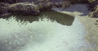 CGI Rocky shoreline with calm waters reflecting the sky near a beach area video