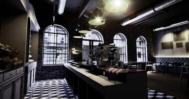 CGI Stylish interior of a modern cafe with large windows and unique decor video