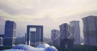 CGI Modern architectural structures in a futuristic city landscape at dusk video