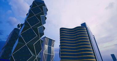 CGI Modern architecture highlights in an urban skyline during twilight video