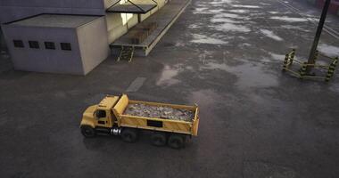 CGI Yellow dump truck delivers materials at construction site during daytime video