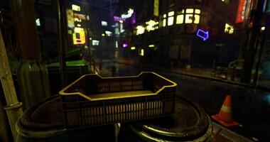 CGI Urban alley scene featuring a basket on top of trash bins at night video