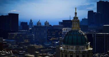 CGI View of city skyline with historic dome structure during twilight video