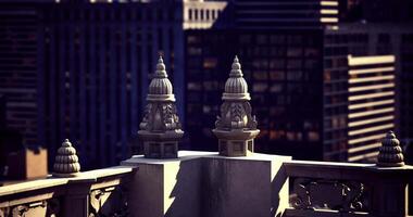 CGI Historic architecture on a rooftop with city skyline backdrop at sunset video