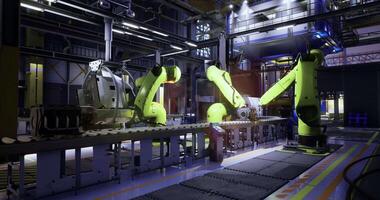 CGI Modern industrial robots assist in assembly line production at a factory video