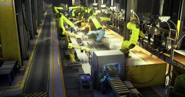 CGI Robotic arms working on assembly line in a modern industrial facility video
