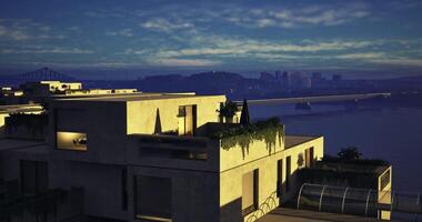 CGI City skyline evening view with modern architecture near waterfront video