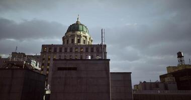 CGI Historic building with dome under cloudy skies at dusk in urban setting video