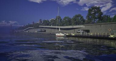 CGI View of a quiet harbor with a sailboat anchored under a blue sky video