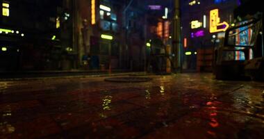 CGI Vibrant rain soaked alley illuminated by neon lights at night video