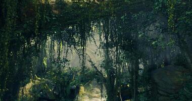 CGI Lush green foliage surrounds a tranquil stream in a hidden forest haven video