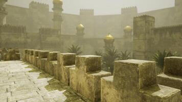 CGI Majestic ancient castle with golden domes surrounded by palm trees video