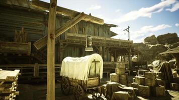 CGI Old western trading post with wooden structures and wagon during sunny day video