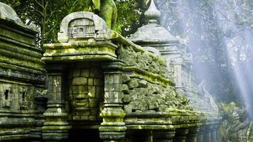 CGI Ancient temple ruins surrounded by lush greenery and sunlight at dusk video