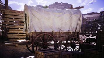 CGI Rustic wooden wagon under a white tarp in a dusty outdoor setting video