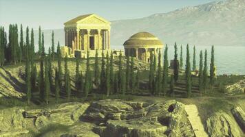 CGI Ancient structure overlooking water and mountains with lush greenery video