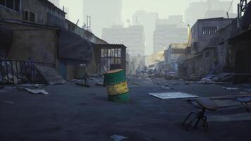 CGI Abandoned urban area with debris and a yellow green barrel in daylight video