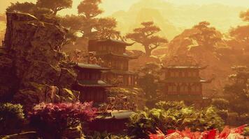 CGI Majestic ancient architecture surrounded by vibrant nature in China video