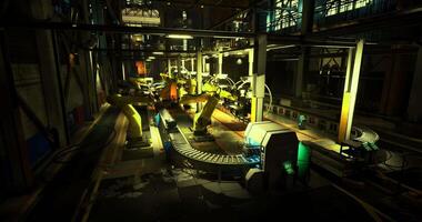 CGI Robotic arms working in a dimly lit warehouse during nighttime operations video